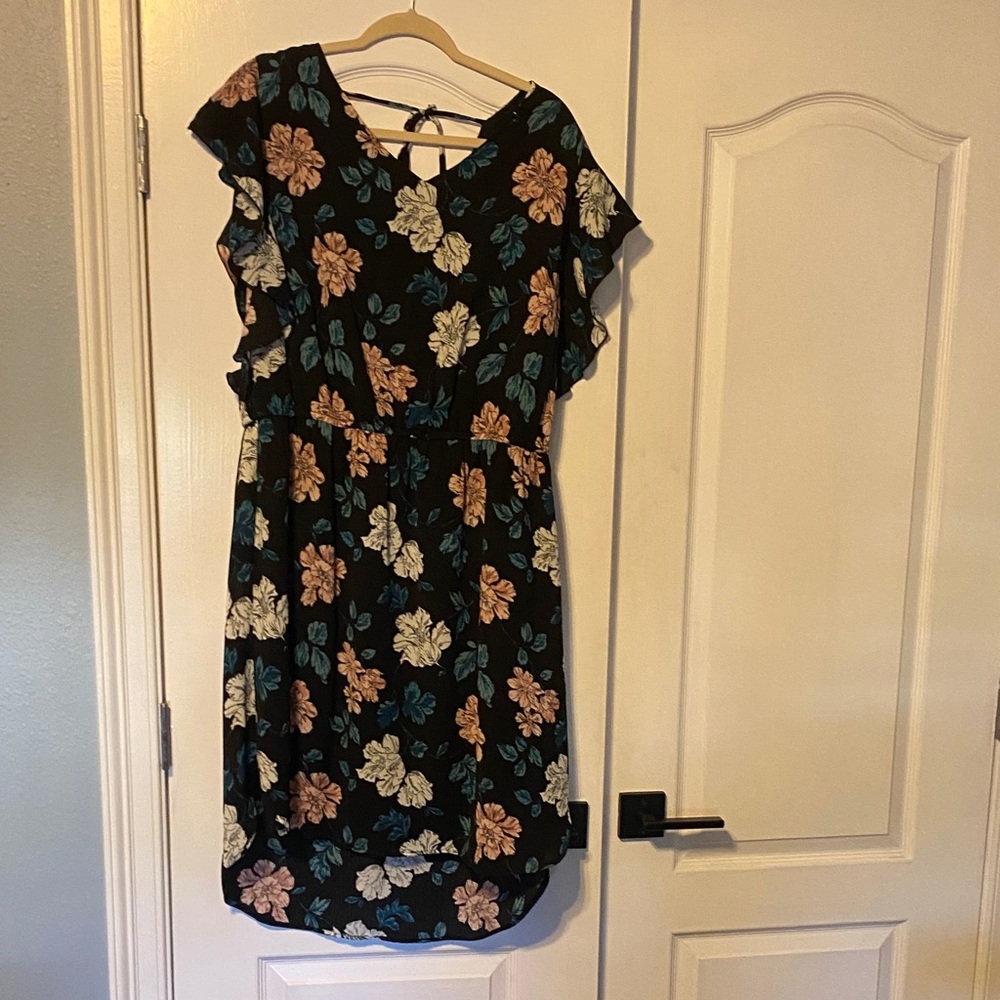 Merona Black Floral Midi Dress with Teal and Blush Blooms
